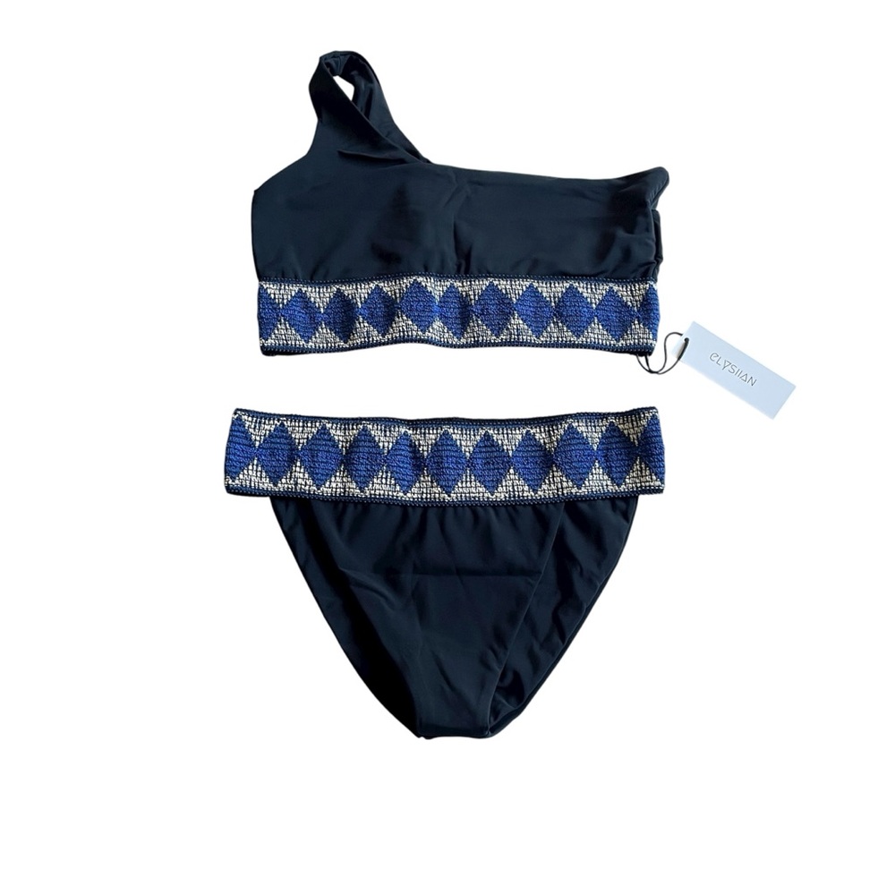 NWT Elysiian Bikini Two Piece Swimwear Set One Shoulder Black Blue USA Large